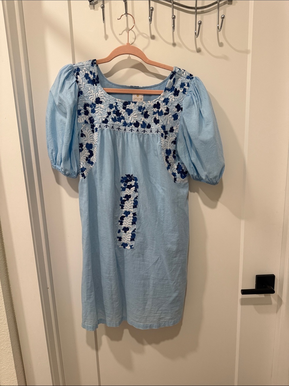 Light Blue Embroidered Mini Dress with Puff Sleeves (has pockets)